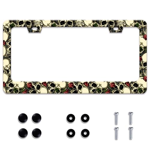 Personalized License Plate Frame Skull Rose Stainless Steel Accessory Gothic License Plate Holder Funny Car Decorative 2 Holes Screws Fits Us Standard License Plates 12.2 X 6.3 in for Men Women - color: Skull Rose