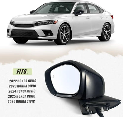 Left Driver Side Mirror Fits 2022-2026 HONDA CIVIC Sedan/Hatchback With Power Glass, Heated, Blind Spot Detection and Manual Folding Match to Crystal Black Pearl Replace HO1320351 (7 Pins) - size: L-7Pins