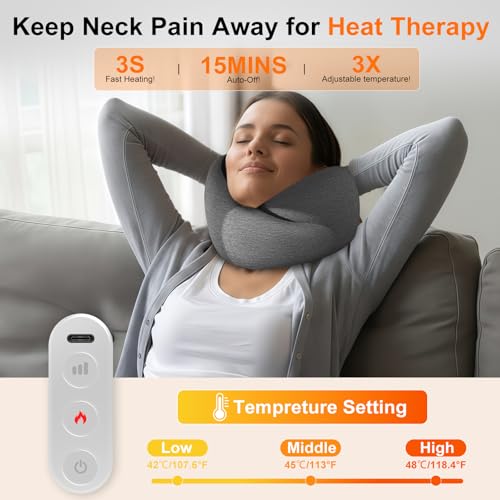 Travel Neck Pillow 3 in 1 with Heating and Massage, Memory Foam Cervical Pillow, 360º Ergonomic Design, Asymmetrical Sides Wireless Portable for Airplane Car Office, Skin-Friendly Cover