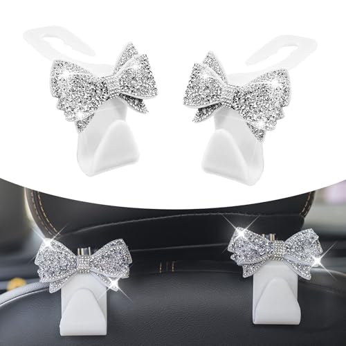 2 PCS Bling Car Seat Headrest Hooks, S Type Crystal Rhinestone Bow Vehicle Seat Back Storage Hooks for Purses Bags Groceries, Universal Diamond Car Rear Seat Organizer (White) - color: White