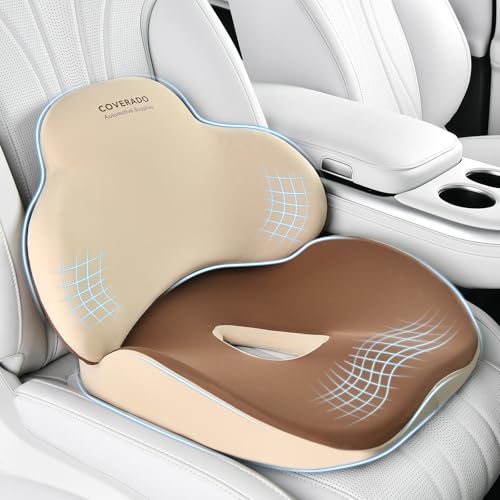 Coverado Car Seat Cushion and Lumbar Support Pillow, Memory Foam Ergonomic Back Support Driving Seat Cushion for Sciatica, Tailbone, Back Pain, Non-Slip Washable Cushion for Car, Driver, Office