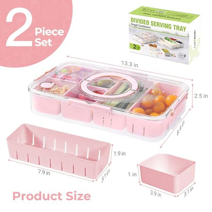 LUXEAR 2Pack 8-Compartment Divided Serving Tray with Lid and Handle - Airtight Leakproof Snackle Box Charcuterie Container for Fridge, Picnic, Party, Travel - BPA-Free Dishwasher Safe(Pink) - size: 2pack Pink