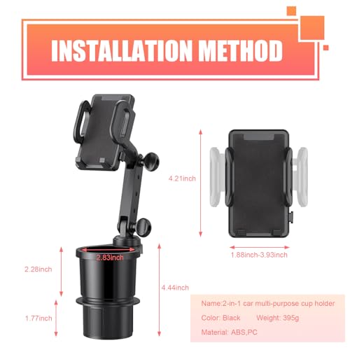 Car Cup Holder Mobile Phone Rack, Multi-Function 2 in 1 Cup Holder Expander, 360 Degrees Rotatable Automotive Phones Mount, Universal for Most Cars, Trucks, SUVs (Black)
