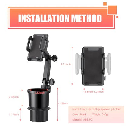 Car Cup Holder Mobile Phone Rack, Multi-Function 2 in 1 Cup Holder Expander, 360 Degrees Rotatable Automotive Phones Mount, Universal for Most Cars, Trucks, SUVs (Black)