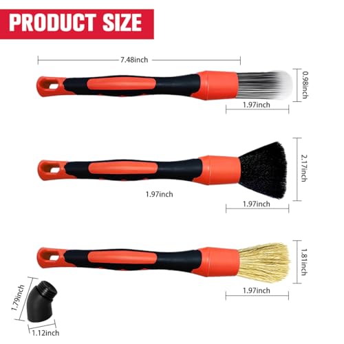 3PCS Car Detailing Brush Set, Ultra Soft Scratch-Free Boar Hair Detailing Brushes with Elbow, Auto Interior Exterior Cleaning Tool for Wheel Air Vent Leather Seat, Universal Fit (Red) - color: Red