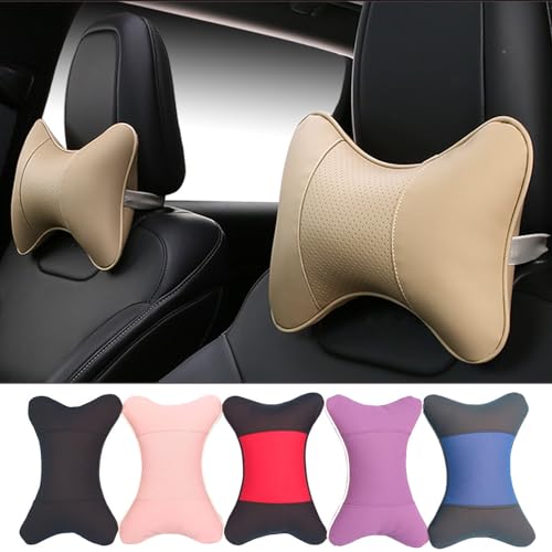 Car Neck Pillows 2pcs Pack Car Headrest Pillow Pu Leather Car Cervical Pillows for Traveling Car Pillows Filled by Fiber (Beige) - color: Beige