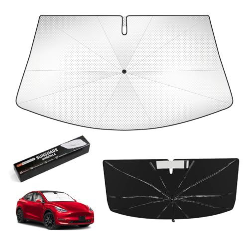 Windshield Sun Shade Umbrella for Tesla Model 3 2016-2026 Highland,Heat Blocking Keep Car Cool,UV Protection Windshield SunShade, Emergency Rain Shield&Dashboard Protector-Thickened Icy Silver - size: For Tesla Model 3 2016-2026-ICY