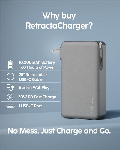 myCharge RetractaCharger 10000mAh Portable Charger Power Bank with 28-Inch Retractable USB-C Cable | Built-in Wall Plug | 30W PD Fast Charging | USB-C & A Ports | Digital Display | Grey - size: 1 USB-C Cable
