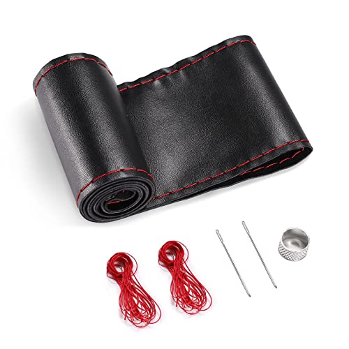 SEG Direct Genuine Leather Steering Wheel Cover, Stitch On Wrap, 15 Inch Steering Wheel Wrap for Car Truck SUV Pickup Boat, DIY Sewing with Needle Thread, Black with Red Thread - color: Black with Red Thread