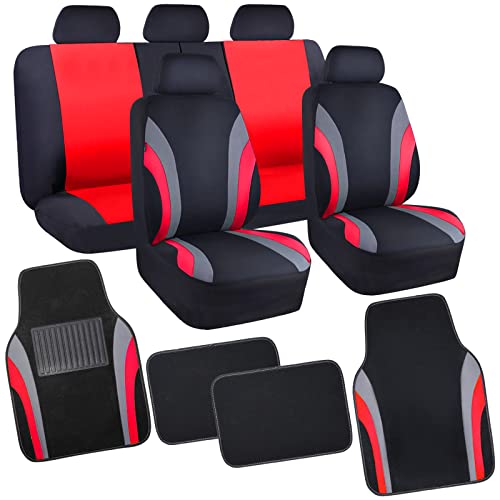 CAR PASS Line Rider Sporty Car Seat Covers Full Set with 4Pcs Waterproof Car Floor Mats Universal Fit Airbag Compatible Automotive Interior Covers for Sedans, Trucks,Vans,SUV (Combo Set, Black & Red) - color: Black & Red