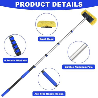 Buyplus 26FT Reach Car Wash Brush with Long Handle, 12-Inch Soft Bristle Head, Truck Wash Brush with 5-20FT Telescoping Pole, Car Washing Brush for Cleaning Car, SUV, RV, Boats, Solar Panels Blue