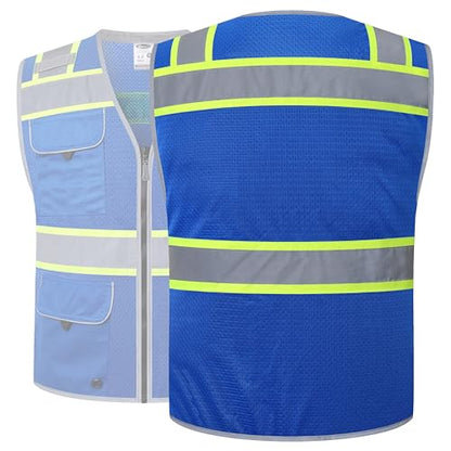 JKSafety Hi-Vis Unisex Surveyor Safety Vest Heavy Duty PPE Inner Pockets ANSI/ISEA Compliant - color: Jk189-blue, size: Large