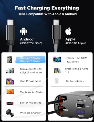 [Upgraded] SUPERONE Retractable Car Charger 4 in 1, Fast Car Phone Charger with Cord 2.6ft, USB C and Apple Car Adapter, Compatible with iPhone 17 16 15/15 Pro Max/14/13/12/11, Galaxy, Pixel - color: Black