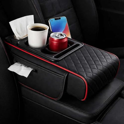 2026 Multifunctional PU Leather Car Armrest Box Mat,5-in-1 Center Console Cover with Cup Holder with 2 Storage Bags,Tissue Box Slot, Phone Slot,Universal Car Armrest Storage Bag (Black*B) - color: Black*B
