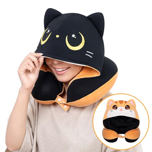 Certified to ASTM & CPSIA Standards–Kids Travel Neck Pillow with Hood,Memory Foam Airplane Pillow,Double-Sided, Cute Design, Cooling Ice Silk & Soft Plush, Adjustable, Portable & Washable for Flights - color: Orange