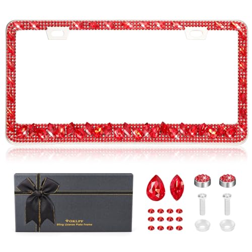 OKLPF Single Luxury Rhinestone License Plate Frame – Elegant Bling with Glitter Crystals, Anti-Theft Screws & Gift Box, Fits Standard US Plates(Red) - color: Red, size: 1pc