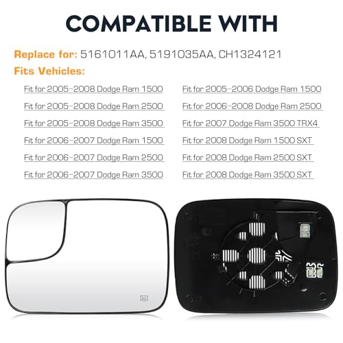 Driver Left Side Mirror Blind Spot Convex Heated Mirror Glass with Rear Holder Fit for 2005-2009 Dodge Ram 1500 2500 3500, Replacement for 5161011AA 5191035AA CH1324121 - size: Left Side