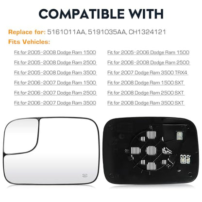 Driver Left Side Mirror Blind Spot Convex Heated Mirror Glass with Rear Holder Fit for 2005-2009 Dodge Ram 1500 2500 3500, Replacement for 5161011AA 5191035AA CH1324121 - size: Left Side