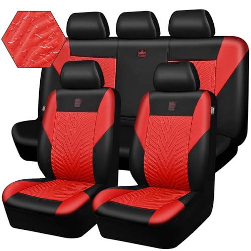CAR PASS Faux Leather Car Seat Covers Full Set, 3D Tyre Embossed, Universal Fit for Most 5 Seats Car, Truck, SUV, Automotive, Airbag Compatible, Scrachproof Deluxe (Red and Black) - color: Black Red