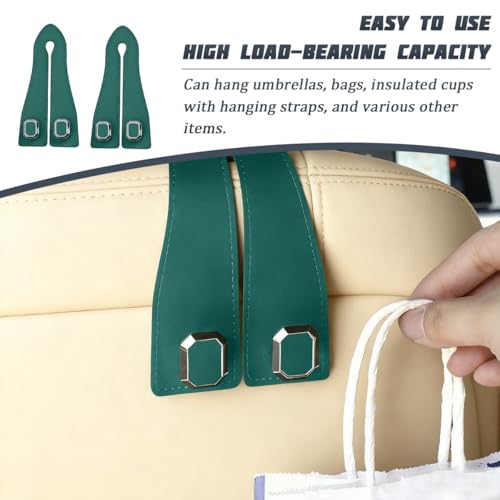 2PCS Car Headrest Hooks, Nappa Leather Metal Vehicle Double Seat Back Storage Hook for Purse Bag Coat, Multifunctional Automotive Interior Hanging Hanger, Universal Fit (Green) - color: Green