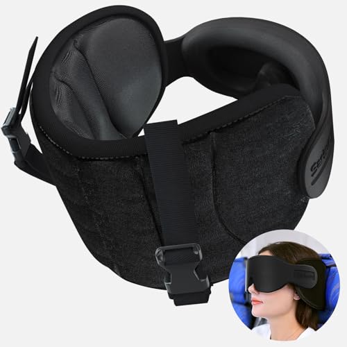 SARISUN Travel Pillows for Airplanes, Airplane Pillow for Long Flight, Airplane Head Strap with Eye Mask for Sleep, Travel Neck Pillow for Car Road Trip, 360° Support Headrest, Stop Bobblehead, Black - color: Black