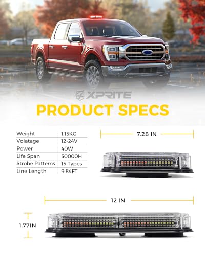 Xprite 108 LED Roof Top Strobe Light, US Flag Pattern Firefighter Flashing Light, Emergency Safety Warning LED Mini Strobe Lightbar w/Magnetic for Fire Truck EMS Ambulances Police Vehicle, Red White - color: Red White