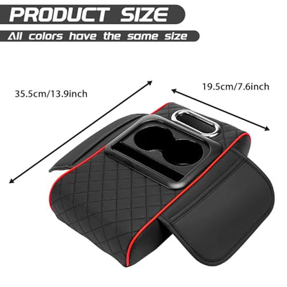 Car Armrest Cushion, 5 in 1 Center Console Cover with 2 Cup Holders, Phone Holder, Tissue Holder, Storage Bag, Multifunctional Leather Heightened Car Armrest Cushion for Most Cars - color: Black&Red