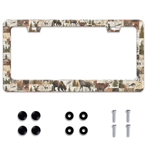 Personalized License Plate Frame Forest Bear Deer Stainless Steel Accessory Animal License Plate Holder Funny Car Decorative 2 Holes Screws Fits Us Standard License Plates 12.2 X 6.3 in for Men Women - color: Forest Animal