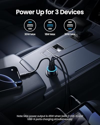 PISEN 60W USB C Car Charger - Car Phone Charger Adapter PD30W & QC3.0 Fast Charging, Car USB Charger Multi Port, Cigarette Lighter USB Charger, Car Charger with LED for iPhone 17/16/15/14/13/12 Series