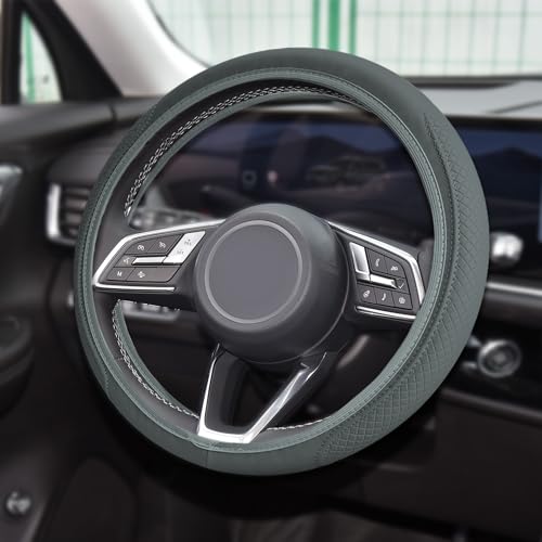 Car Steering Wheel Cover, Universal 14.5-15 Inch Grey Leather Steering Wheel Wrap with Better Sport Grip for Men Women, Anti-Slip Breathable Car Interior Accessories for Most Vehicles (Grey2) - color: Grey2