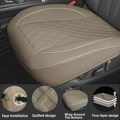 1 Pack PU Leather Quilting Front Car Seat Cover, Anti-Slip Full Wrap-Around Bottom Seat Protector Cushion with Storage Pocket, Universal Fit for Most Vehicles - Beige - color: Beige