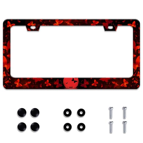 Personalized License Plate Frame Red Butterfly Moon Stainless Steel Accessory Beautiful License Plate Holder Funny Car Decorative 2 Holes Fits Us Standard License Plates 12.2 X 6.3 in for Men Women - color: Red Butterfly Moon