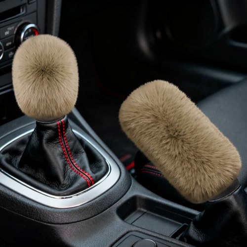 2PCS Plush Car Gear Shift Knob Cover & Handbrake Cover, Shift Knob Protector, Soft Fluffy Gear Handbrake Protective Sleeves, Shifter Lever Brake Handle Warm Plush Set for Cars (Khaki) - color: Khaki