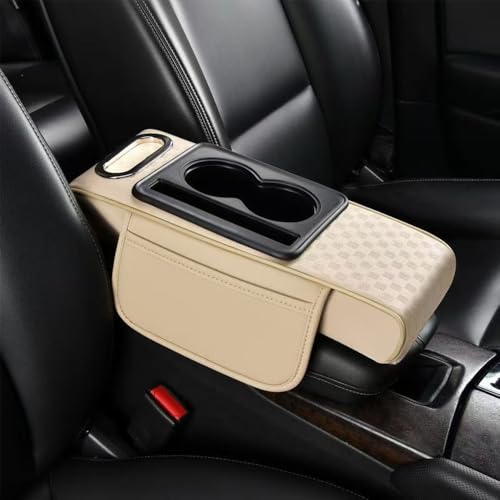 5 in 1 Car Center Console Cover, Memory Cotton Car Armrest Pad with 2 Storage Pockets, Cup Holder, Tissue Box Slot, Phone Holder, Universal Car Interior Organizer (Begie, Thin(14.8 * 6.1 * 2.4inch)) - color: Begie, size: Thin(14.8*6.1*2.4inch)