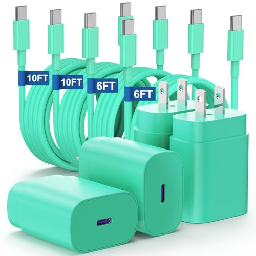 Essri Type C Charger Fast Charging for Samsung Galaxy S25/S24/S23/S22/Note 20,4Pack 25W Super USB C Fast Charger Block with (6ft+10ft) x2 Cables for iPhone 15/16 Pro Max/Plus, Android Phones - Green - color: Green, size: 4Pack 6Feet+10Feet