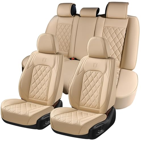 Coverado Car Seat Covers Full Set, Luxury Faux Leather Waterproof Seat Cover, 5 Seat Universal Seat Covers for Cars, Front and Back Car Seat Protector, Beige Leather Seat Cover Fit for Most Cars - color: A-Beige, size: Fullset