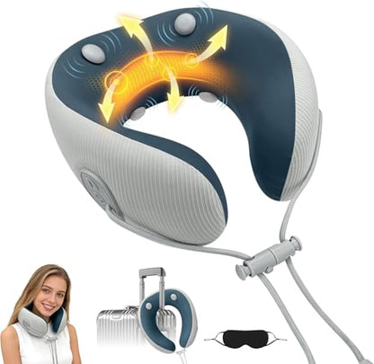Medicane Neck Travel Pillow with Massage, Neck Pillows with Heat & Gentle Vibration Massage with Ergonomic Foam, Perfect for Airplane, Car, Office, Home, Pain Relief,Sleeping,Traveling,Long Flight - color: Blue