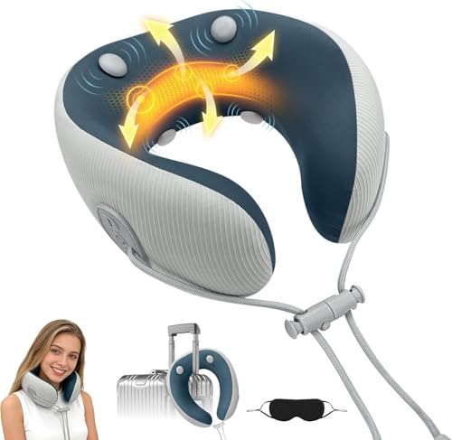 Medicane Neck Travel Pillow with Massage, Neck Pillows with Heat & Gentle Vibration Massage with Ergonomic Foam, Perfect for Airplane, Car, Office, Home, Pain Relief,Sleeping,Traveling,Long Flight - color: Blue