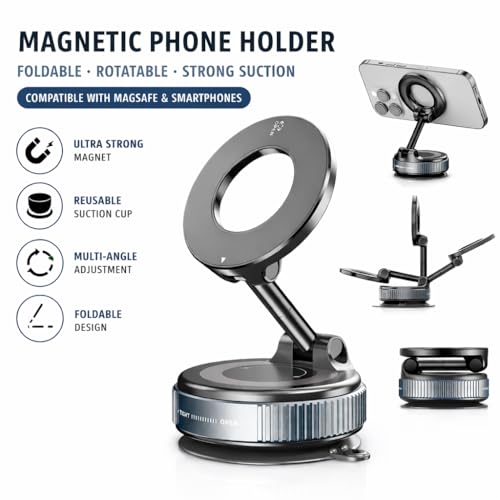Magnetic Phone Car Mount with Suction Cup Base, 360° Rotation, Dashboard and Windshield Holder for iPhone and Android
