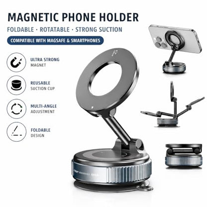 Magnetic Phone Car Mount with Suction Cup Base, 360° Rotation, Dashboard and Windshield Holder for iPhone and Android