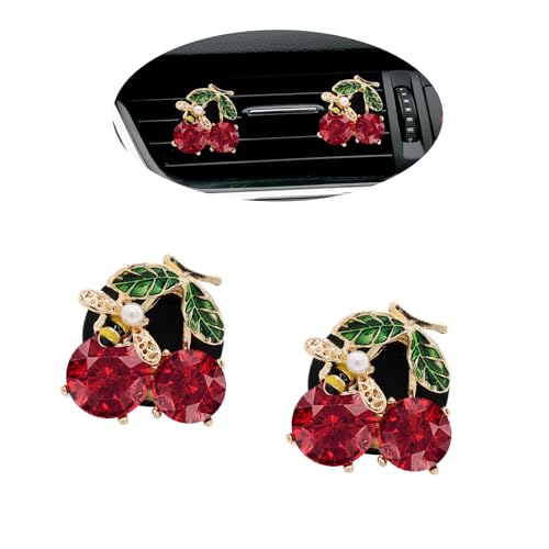 ORIESSE Cherry Car Decor,2pcs Bee Leaf Cherry Car Air Freshener Vent Clips,Cute Retro Sweet Themed DashBoard Decoration Accessories for Women Teens,Refillable Aroma Diffuser
