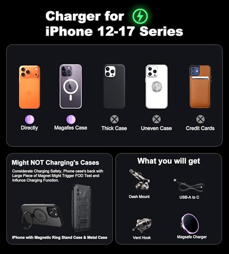 BHHB for Magsafe Car Mount Charger, [2026 Upgrade] 15W 2in1 Magnetic Wireless Car Charger, for Magsafe Car Charger, Vent/Dashboard Phone Holder, ONLY for iPhone 17 16 15 14 13 12 Series(Purple) - color: Purple