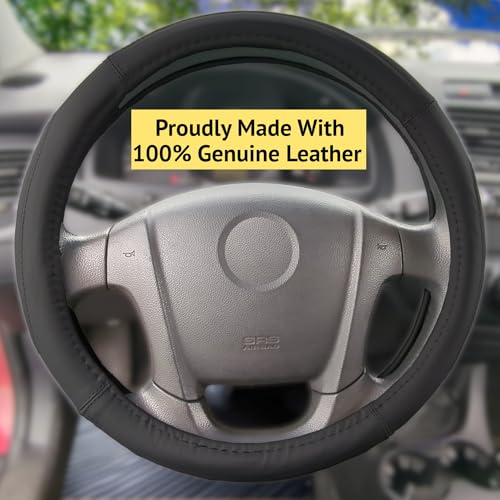 Steering Wheel Cover, Black, Real Genuine Leather, Small, 14 inch, for Men and Women, Universal, Stretch On, Heat Resistant, Stays Cool, Non-Slip, HANWOLF - color: Black, size: Small (14 to 14.375 inch diameter)