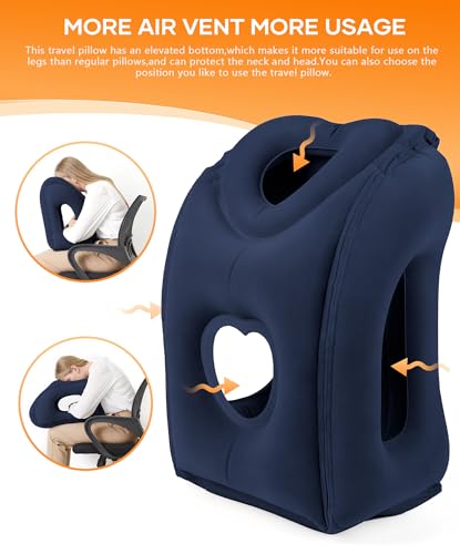 Sunany Travel Pillow, Upgraded Plane Pillow for Long Flights, Inflatable Neck Pillow Used for Airplanes,Cars,Buses,Trains,Office Napping with Eye Mask,Earplugs (Blue) - color: Blue (Head Heart-shape&sloping Base)
