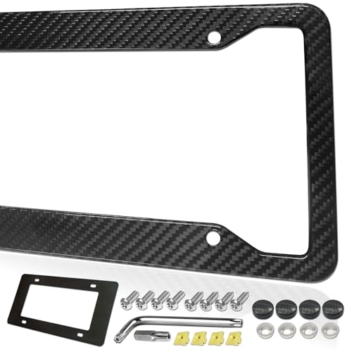 FBJTDQ Carbon Fiber License Plate Frame- Stainless Steel Car Tag Holder Wrapped with Real Carbon Fiber, 4 Hole Wide Edge, Anti-Theft Screws Caps, Rattle-Proof Pad, 1 Pack for Front or Rear - color: Carbon-4 Hole-Wide