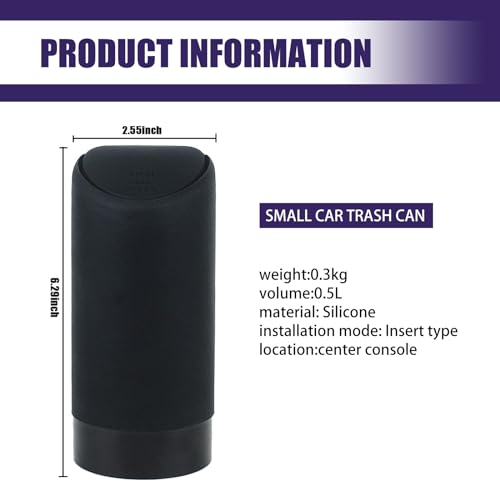 1 Pack Car Trash Can Replacement, Automatic Rebound Design, 2.5In x 6.2In Cylindrical Soft Silicone Automotive Storage Accessories, Universal Waterproof Vehicle Trash Bucket (Black)
