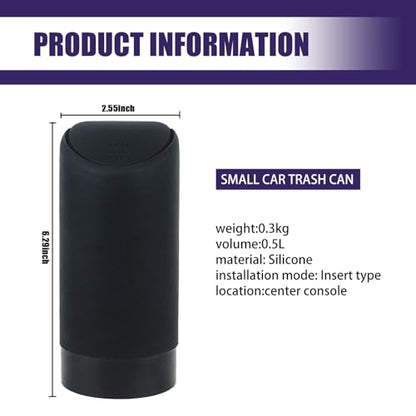 1 Pack Car Trash Can Replacement, Automatic Rebound Design, 2.5In x 6.2In Cylindrical Soft Silicone Automotive Storage Accessories, Universal Waterproof Vehicle Trash Bucket (Black)