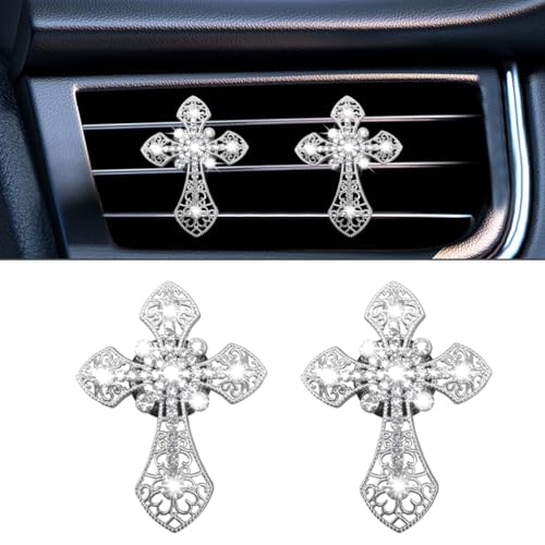 Bling Car Dashboard Air Vent Trim Clips, Crystal Rhinestone Air Vent Clips, Car Interior Decoration Accessories, Cross Air Conditioning Outlet Clip for Women Girls (Silver, 2PCS) - color: Sliver-2PCS