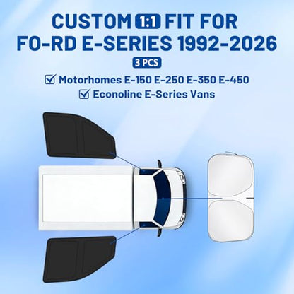 for Fo-rd E-Series 1992-2026 Front Windshield & Side Window Covers, Foldable 3-Piece Window Shades Set, Custom Fit Sunshade Visor for UV Rays & Heat Block, Cargo Van Accessories - size: Fit for Ford E-Series 1992-2026