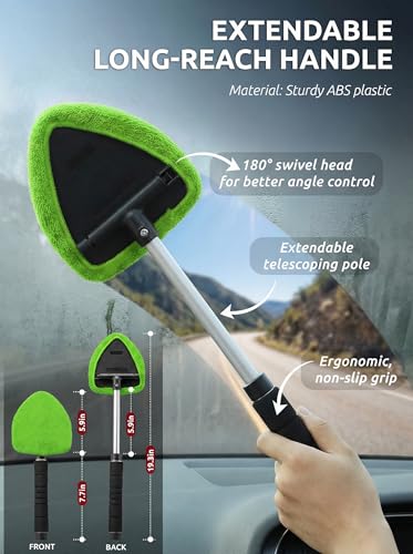 TAKAVU Car Window Cleaning Tool, Windshield Wiper Cleaner with Extendable Long-Reach Handle, 3 Washable Reusable Microfiber Bonnets, Car & Home Inside Interior Exterior Use - Lint Free (Green) - color: Black & Green
